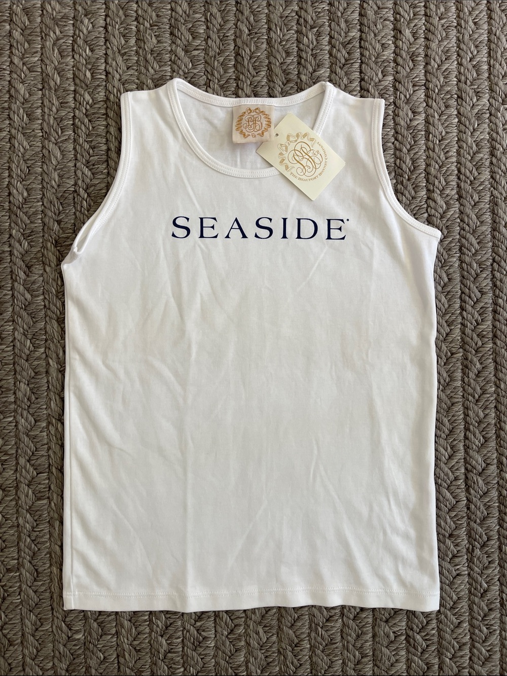 The Beaufort Bonnet Company White Tank Top with Navy 'SEASIDE' size 8